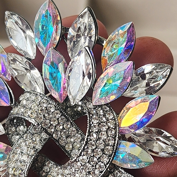 Large Statement Silver Iridescent Crystal Stones Brooch Pin - Picture 5 of 8